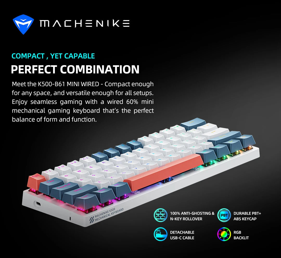 K500-B61 Machenike Mini teclado mecánico, formato 60%, 61 teclas, teclado gaming con cable, teclas totalmente hot-swappable y retroiluminación RGB