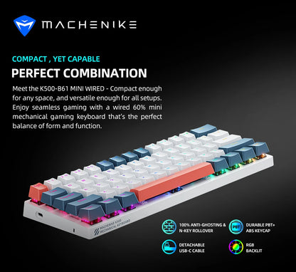 K500-B61 Machenike Mini teclado mecánico, formato 60%, 61 teclas, teclado gaming con cable, teclas totalmente hot-swappable y retroiluminación RGB