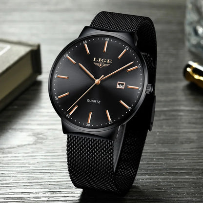 LIGE men’s watch, an elegant and luxurious model, ultra-thin, water-resistant, with a mesh strap, quartz movement, date and calendar display – ideal for a professional look.