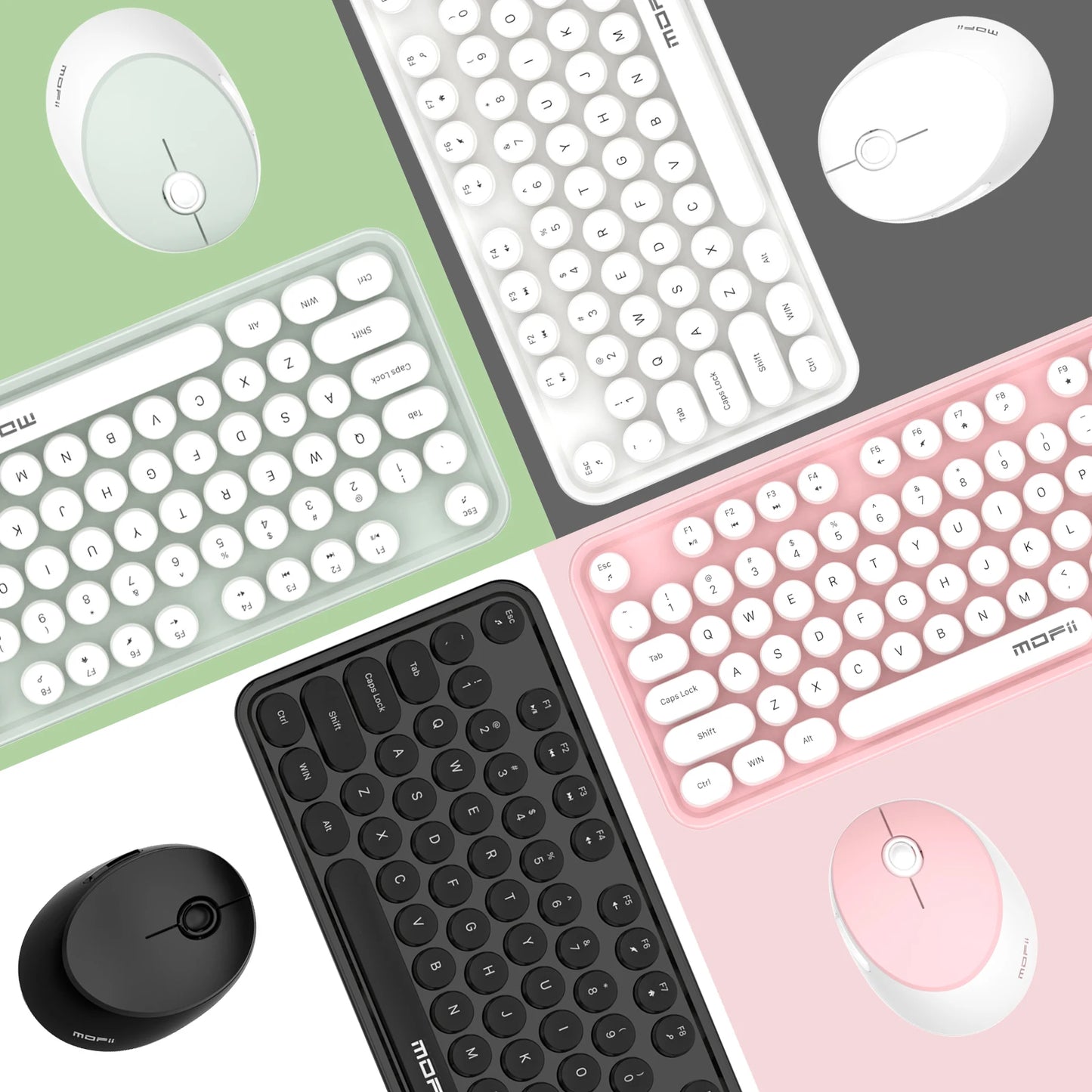 MOFii Black Retro Round Keycaps Wireless Keyboard & Mouse Combo, 2.4G Quiet Office Set, US QWERTY Layout