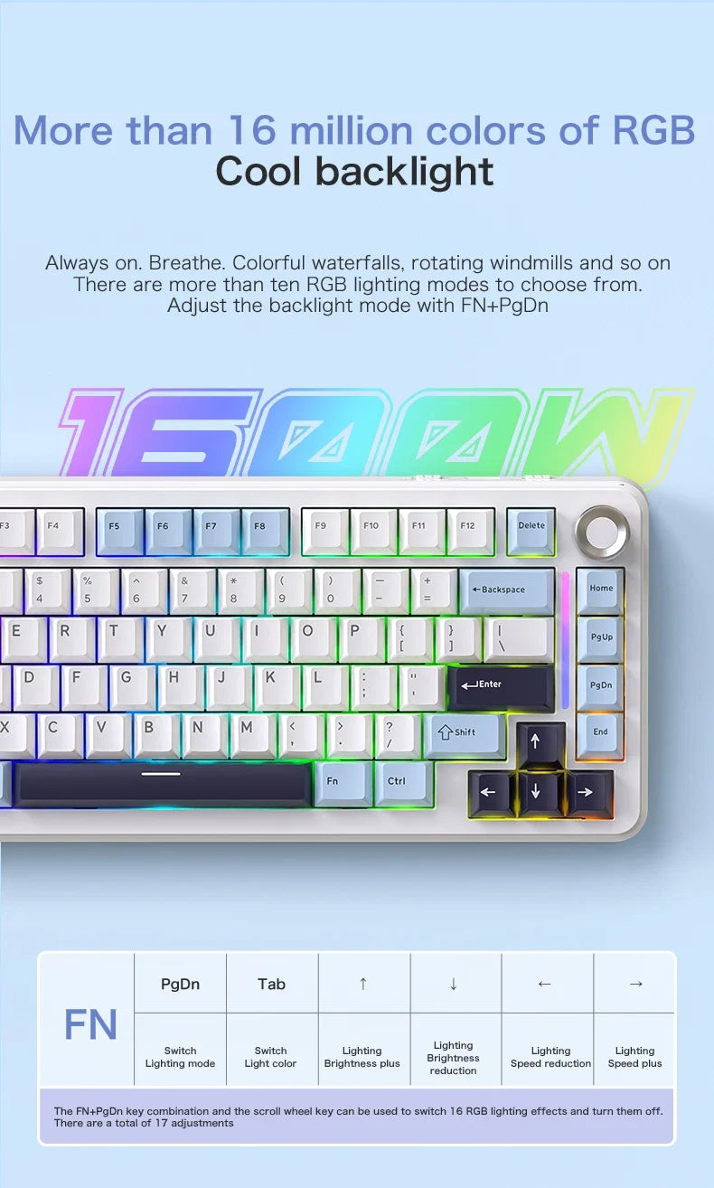 FREEWOLF F75 Gaming Mechanical Keyboard, 75% Tri-Mode Wireless Bluetooth, AULA F75 Same Model, RGB Hot Swappable PBT 4000mAh