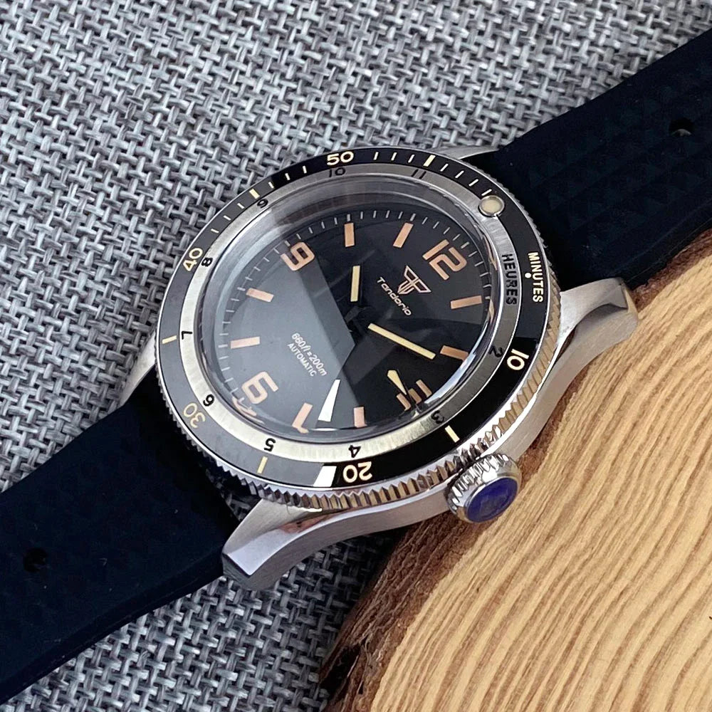 Tandorio NH35A PT5000 Mechanical Mens Watch 20BAR Waterproof Sapphire Luminous Red Black Dial Stainless Steel Bracelet New Clock