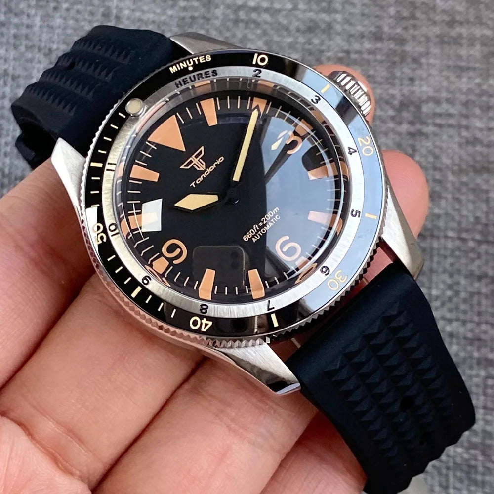 Tandorio NH35A PT5000 Mechanical Mens Watch 20BAR Waterproof Sapphire Luminous Red Black Dial Stainless Steel Bracelet New Clock