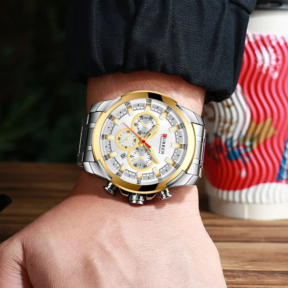 CURREN kronografklocka för män, stor urtavla på 48 mm, armband i rostfritt stål, tre hjälputavlor, sportklocka med kvartsverk, lyxig stil