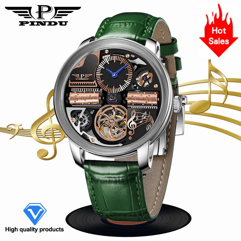 Relógio Automático de Luxo para Homem PINDU Design Music Series 2025 Novo, Movimento Mecânico, Aço Inoxidável, Vidro de Safira, Esqueleto