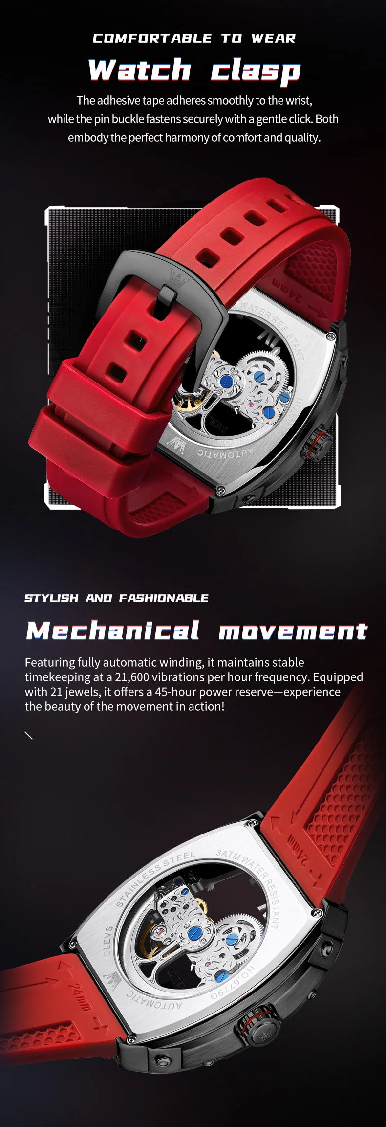 OLEVS 6779 fashion men's watches waterproof Transparent dial silicone tape mechanical watch for man Original brand wristwatch