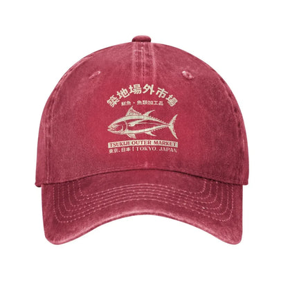 Japanilainen Tsukiji-kalamarkkinat -aiheinen, pesetty baseball-lippalakki, Tokyo, Japani, naisten ja miesten snapback-lippalakki