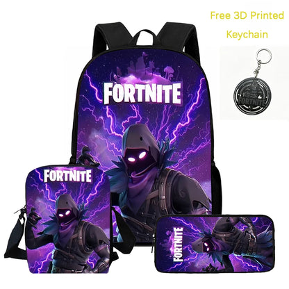 Conjunto de mochila infantil 3 peças, mala a tiracolo e estojo, mala FORTNITE com desenhos, leve para meninos e meninas dos 5 aos 10 anos, porta-chaves 3D impresso grátis