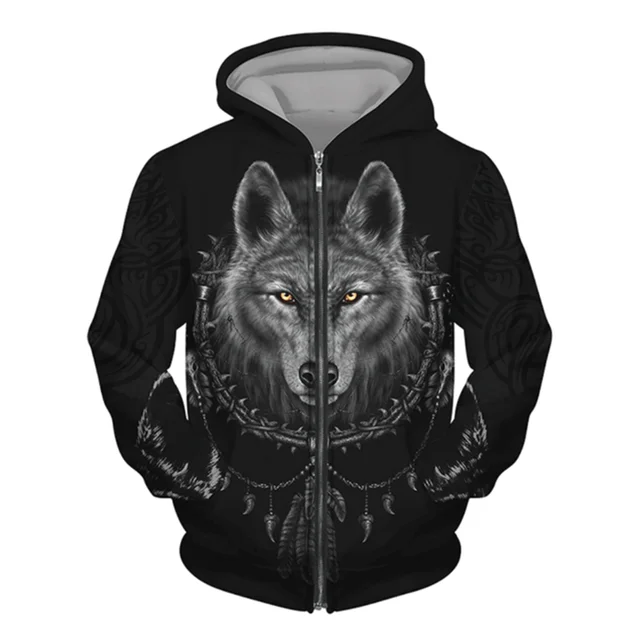 3D Wolf Print Men's Zipper Hoodies Fashion Animal Pattern Top Coat Street Punk Style Oversized Sweatshirts Outdoor Leisure Jackets