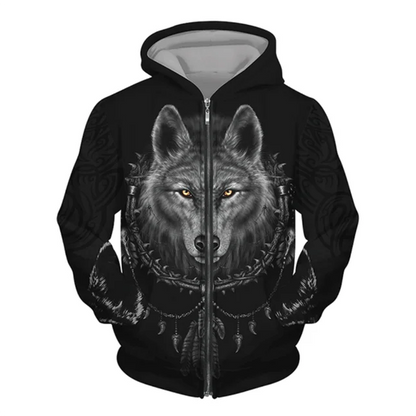 3D Wolf Print Men's Zipper Hoodies Fashion Animal Pattern Top Coat Street Punk Style Oversized Sweatshirts Outdoor Leisure Jackets