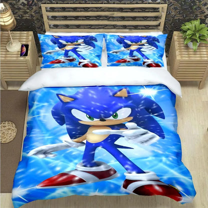 Mados animacinių filmų personažų motyvais dekoruotas patalynės komplektas „Sonic“ antklodės užvalkalas, antklodė, lovos užklotas, skirtas paaugliams, vaikams, mergaitėms ir berniukams – prabangus gimtadienio dovana