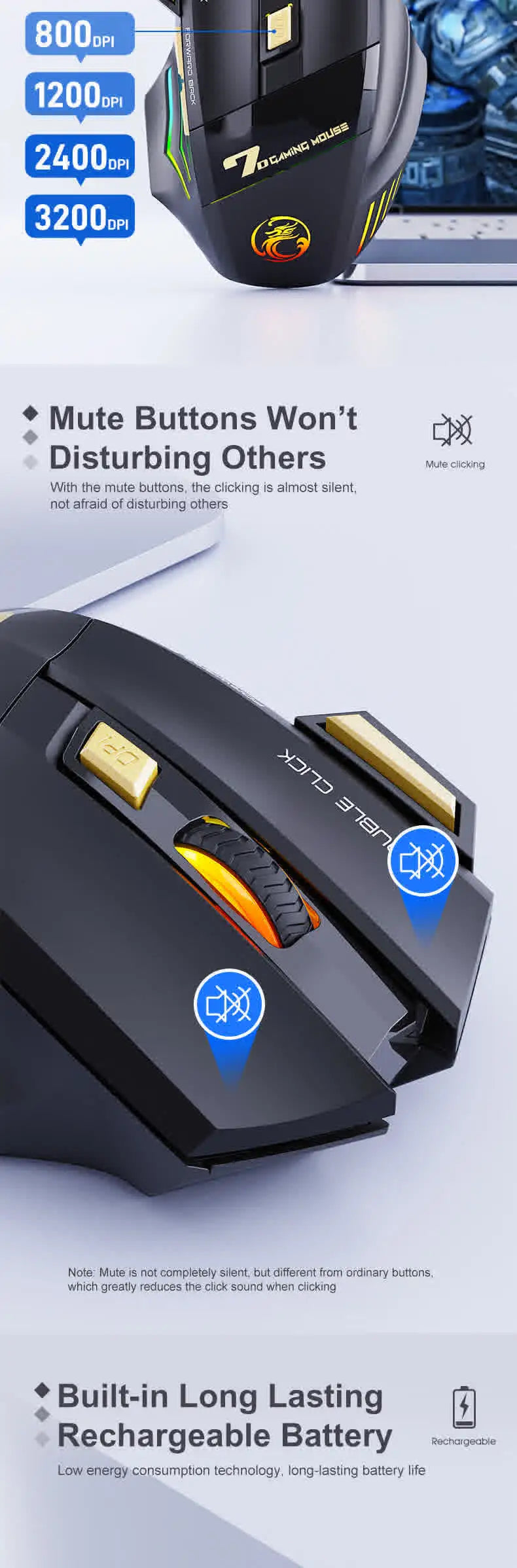 Brezžična miška Bluetooth, polnilna računalniška miška za gamerje, ergonomska gaming miška z RGB osvetlitvijo in tihim delovanjem za PC