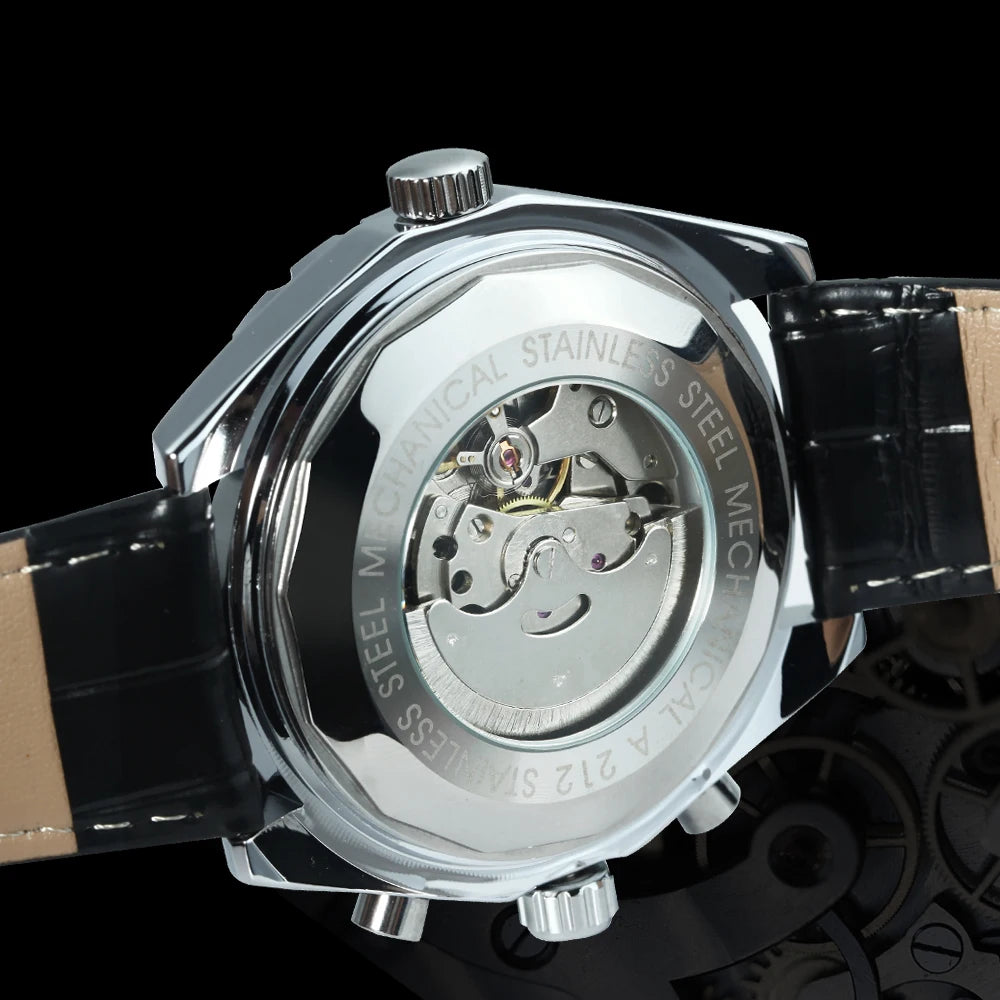 JARAGAR Men’s Luxury Automatic Mechanical Watch  Military Sport Design, Multifunction Dial & Leather Strap