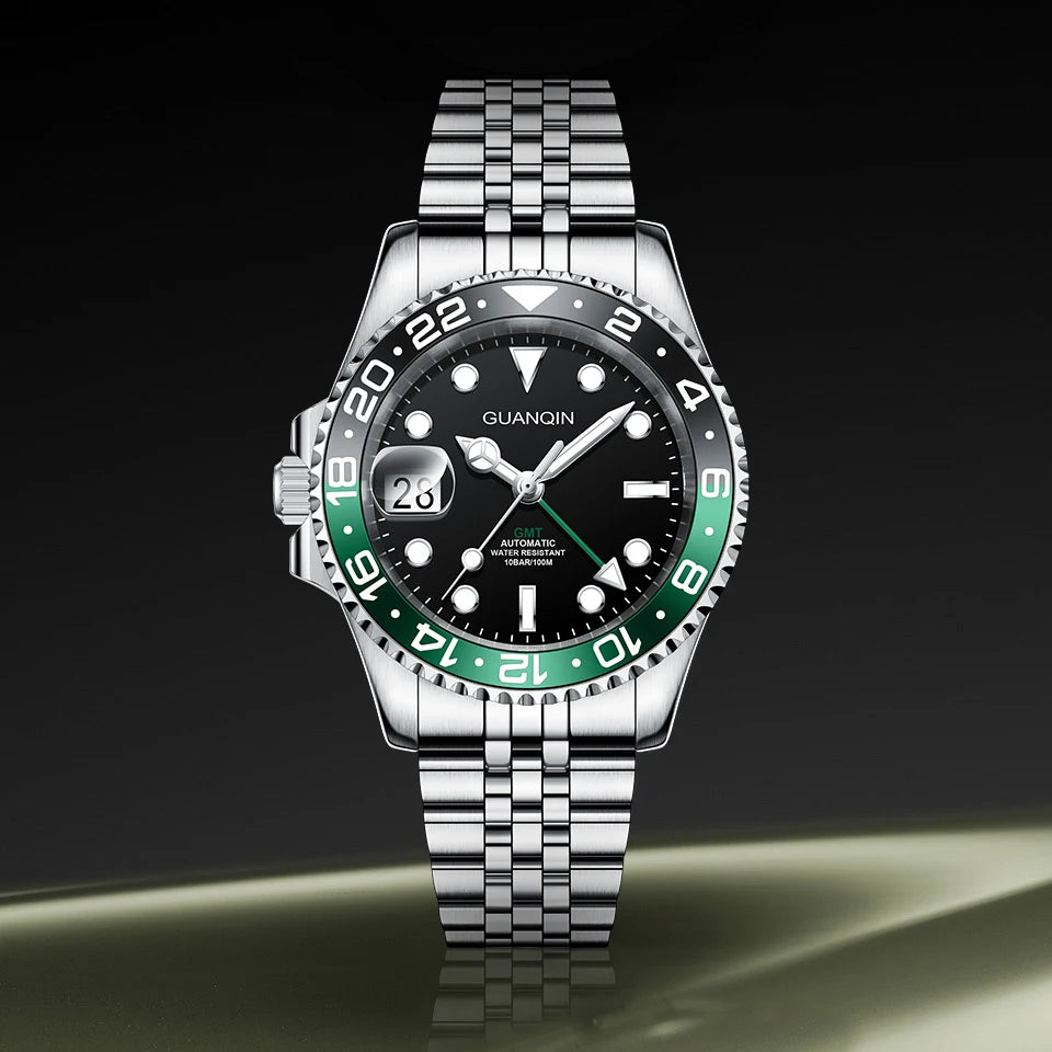 GUANQIN GMT Reloj para hombre 2025 nuevo reloj automático para hombre NH34 reloj mecánico de pulsera con cristal de zafiro y acero inoxidable para mano izquierda