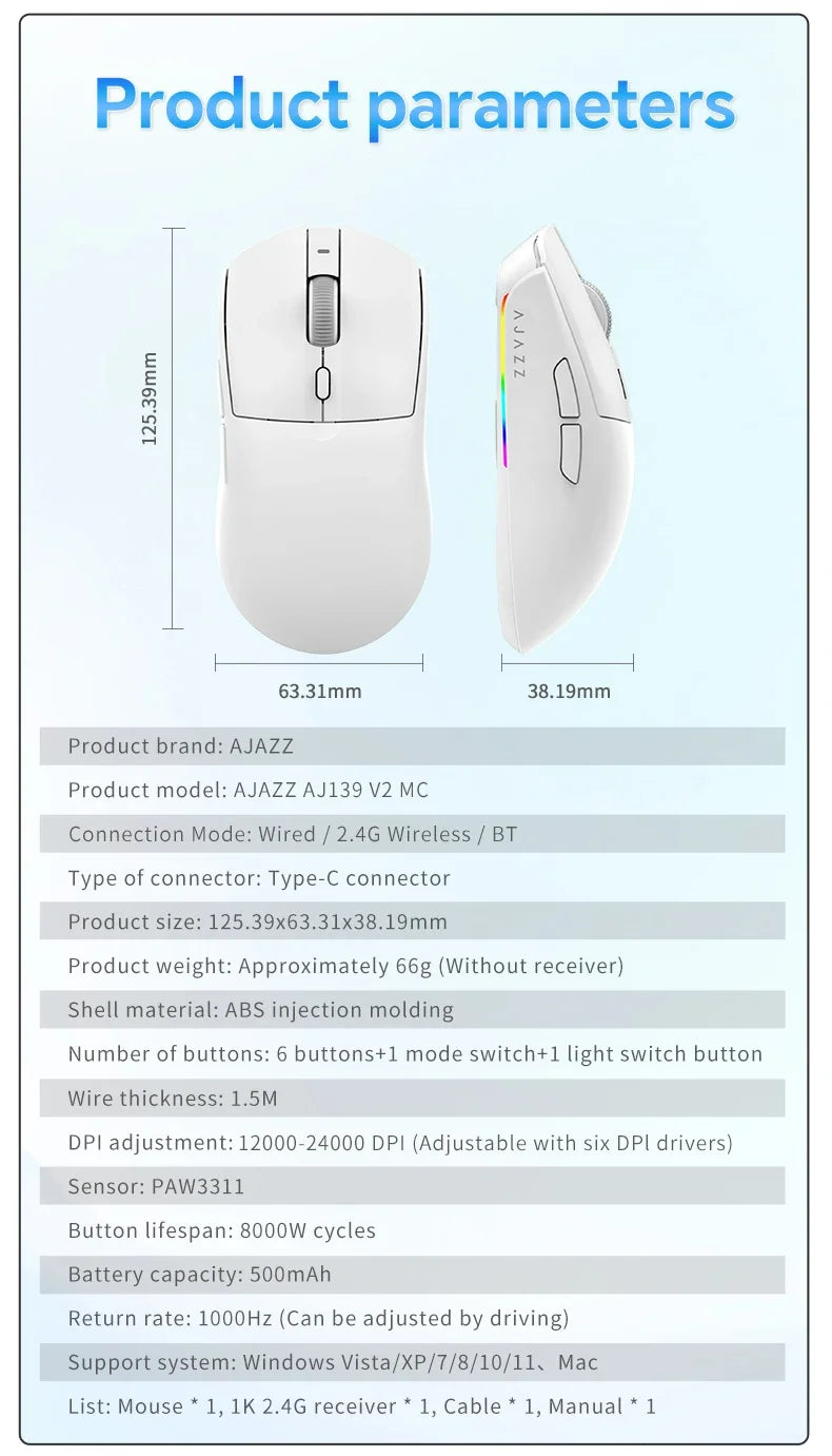 Mouse de gaming wireless AJAZZ AJ139 V2 MC/AJ139 PRO, senzor PAW3311/PAW3395, 12000DPI/26000DPI, 500mAh, mouse Bluetooth pentru PC