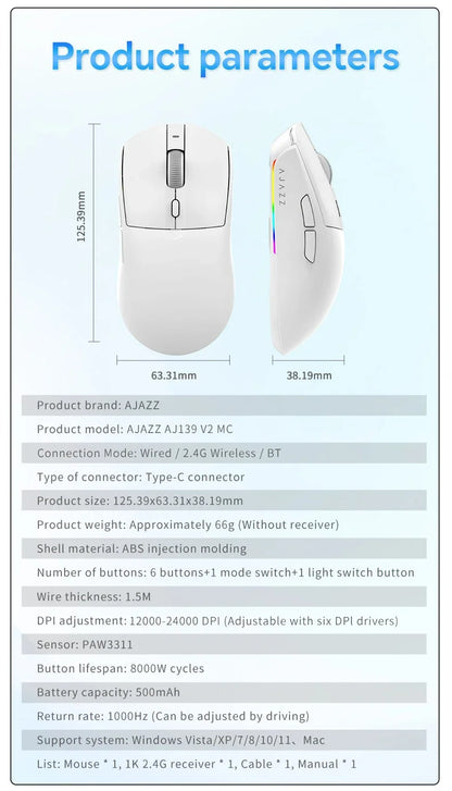 Mouse de gaming wireless AJAZZ AJ139 V2 MC/AJ139 PRO, senzor PAW3311/PAW3395, 12000DPI/26000DPI, 500mAh, mouse Bluetooth pentru PC