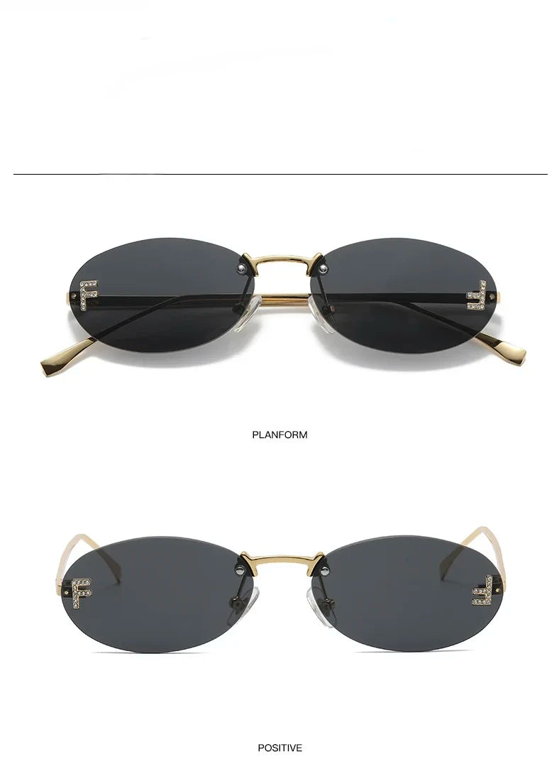 3set Women Fashion Brand Rimless Sunglasses Retro Small Oval Alloy Elegant Gradient Sun Glasses Outdoor Travel Shades Glasses