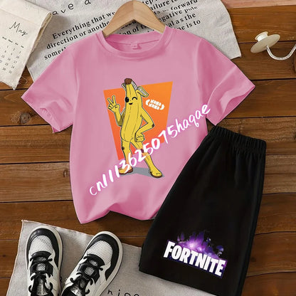 Fortnite Series T-Shirt- und Shorts-Set für Kinder, Hot-Game-Oberteil und Hose, sommerliches, niedliches Homewear-Loungewear-Outfit, Geburtstagsgeschenk