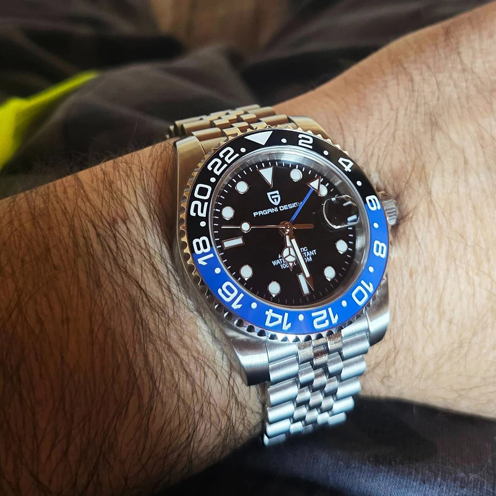 PAGANI DESIGN 40MM GMT Reloj para hombre de lujo con cristal de zafiro AR, reloj mecánico con bisel cerámico, automático, resistente al agua 100M, reloj de regalo