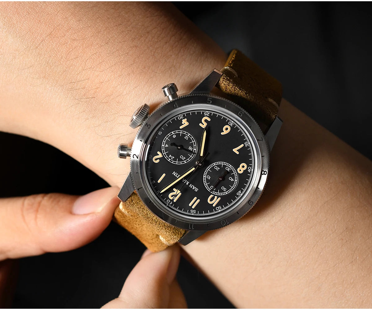 San Martin Vintage Men Quartz Watch Pilot VK64 Chronograph Watches Waterproof Luminous Quick Release Leather Strap SN0127