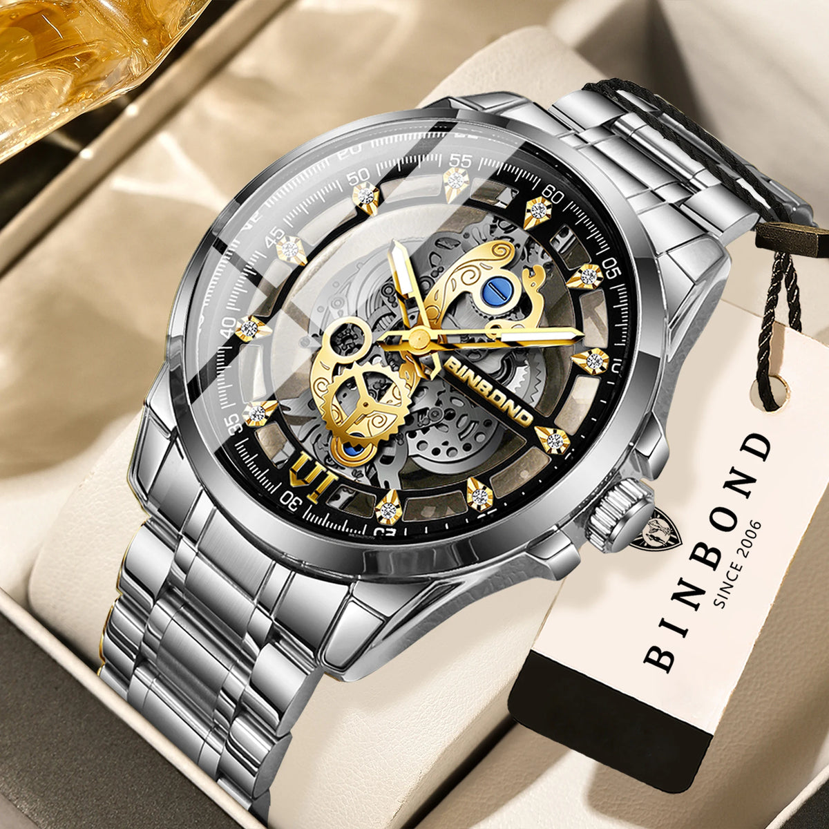Vintage openwork BINBOND quartz wristwatch for men, luminous, water-resistant, accurate and durable, casual style.