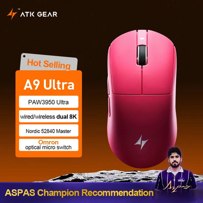 ATK Dragonfly A9 Ultra bežični gaming miš PAW3950 ultra lagan, tromodalni, ergonomski e-sports miš za igrače FPS igara A9 SE Plus