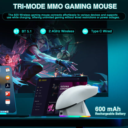 SOLAKAKA SM820 tri-mode draadloze muis met magnetisch oplaadstation, RGB, PAW3311, 24000DPI, draadloze macro-gamingmuis, ultralicht