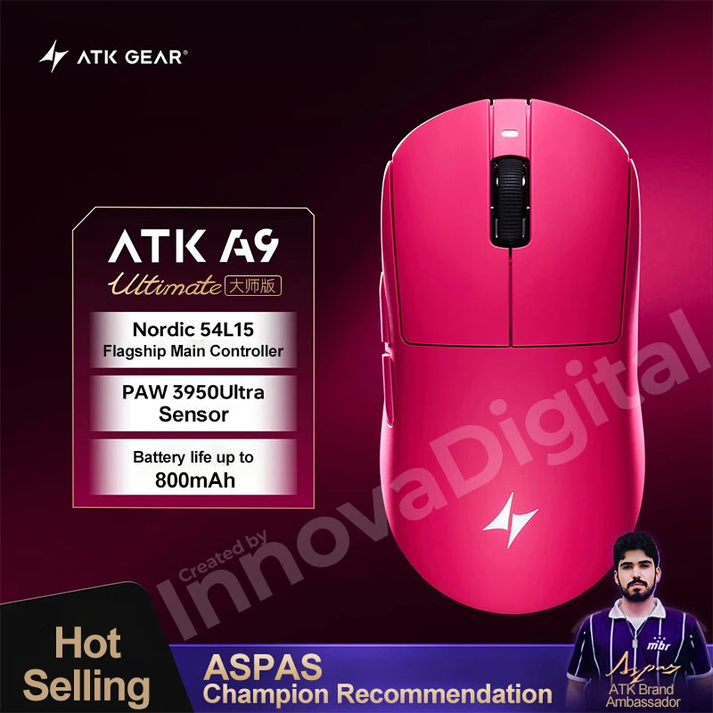 ATK Dragonfly A9 Ultimate belaidė žaidimų pelė A9 Air PAW3950, itin lengva ergonomiška e. sporto FPS žaidėjų pelė CSGO A9 Ultra