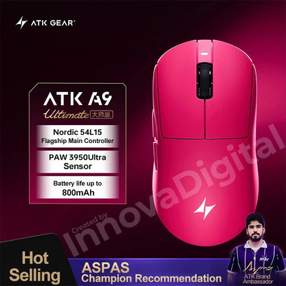 ATK Dragonfly A9 Ultimate belaidė žaidimų pelė A9 Air PAW3950, itin lengva ergonomiška e. sporto FPS žaidėjų pelė CSGO A9 Ultra