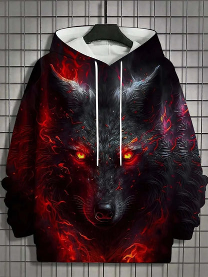 European and American Men's Autumn Fashion Wolf Print Soft and Comfortable Hooded Sweatshirt Outdoor Urban High Street Clothing