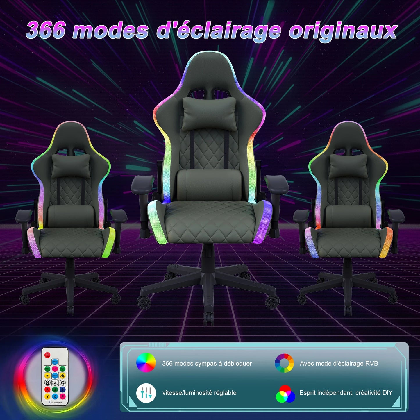 Ergonomic Office Chair with Lumbar Massage, RGB LED Lighting, Reclining Backrest, Adjustable Armrests, Gaming Desk Chair for Home Office