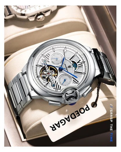 POEDAGAR Luxury Male Watch Tourbillon Date Week Stainless Steel Men Watch Waterproof Automatic Mechanical Military Men's Watches