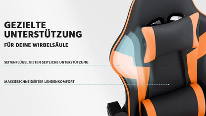 Ergonomic PU leather gaming chair with lumbar support, adjustable height and backrest, 200KG load capacity, black orange