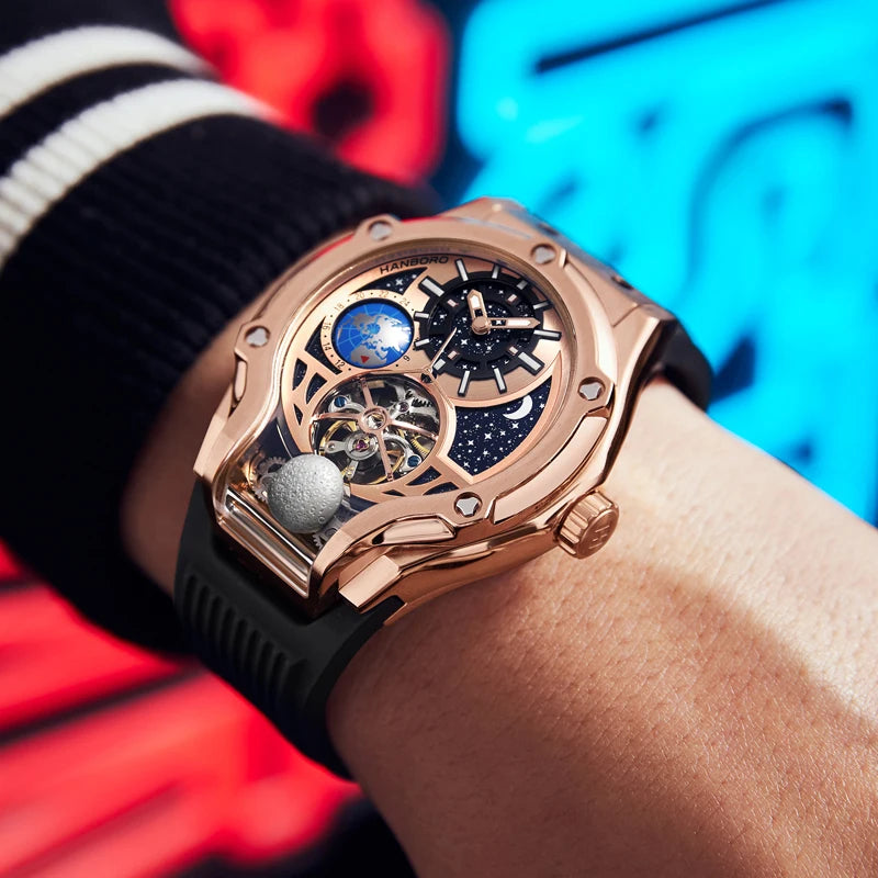 ase Autoy HANBORO Men’s Luxury Automatic Skeleton Watch  Rose Gold Starry Sky Moon Phase Mechanical WristwatchHollow Flywheel Moon Phxury Space Theme Sports Watch 980