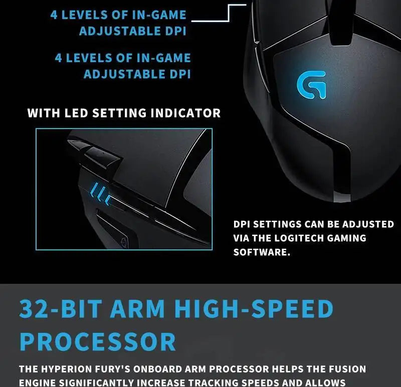 Mouse de gaming Logitech G402 Fusion Engine Tech, 4 setări DPI, procesor pe 32 de biți, antiderapant, pentru gaming competitiv profesional