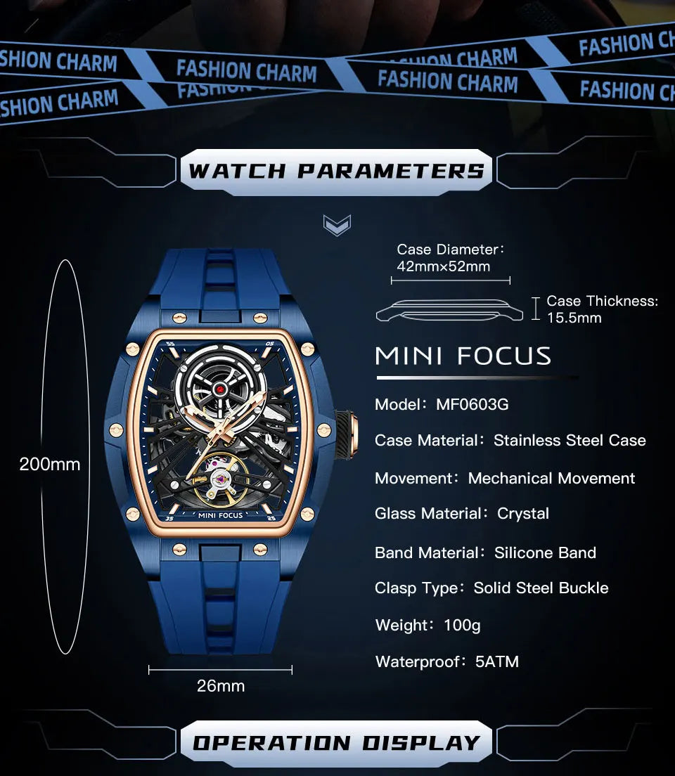 MINI FOCUS pánské náramkové hodinky, módní černé vodotěsné automatické mechanické hodinky se svítícími ručičkami, silikonovým řemínkem a tonneau ciferníkem