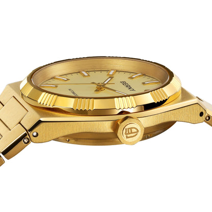 BERNY men’s automatic watch, gold-coloured, sapphire crystal, luminescent hands, 100% genuine, fitted with a PT5000 movement, anti-reflective coating, luxury model with interchangeable bezel, water-resistant to 5 ATM.
