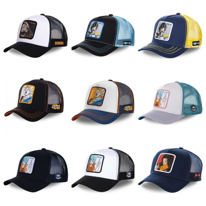 Dragon Ball Son Goku sapka, nyári utazós csúcsos sapka, férfi hímzett hip-hop stílusú napellenzős, állítható trucker hálós sapka