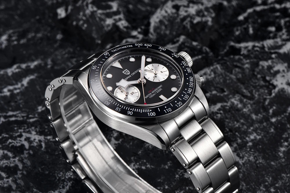 Vyriškas laikrodis „PAGANI DESIGN“ „Panda“ – prabangus kvarcinis chronografas, atsparus vandeniui, safyro stiklas su antirefleksine danga, šviečiantis sportinis laikrodis