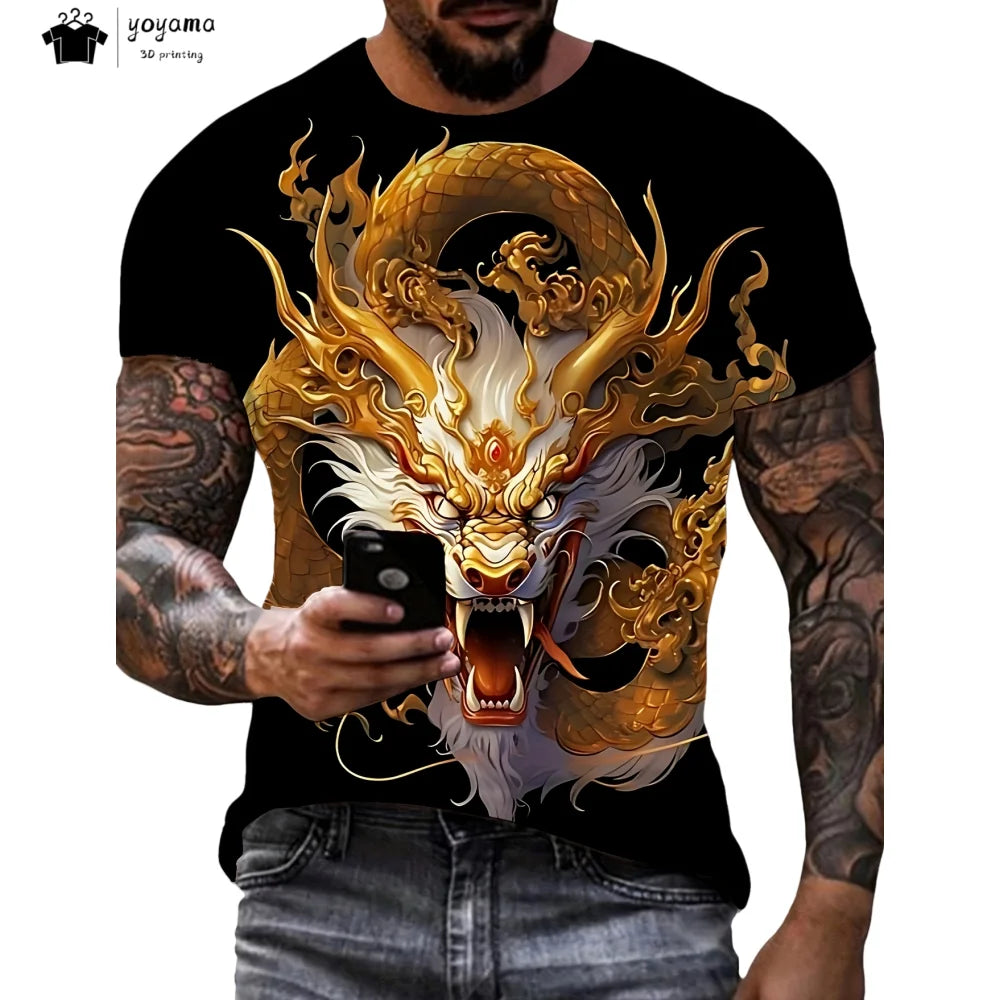 T-shirts de homem com padrão de dragão, manga curta, gola redonda, estilo streetwear, estampado animal 3D, corte largo e versátil, roupa de homem