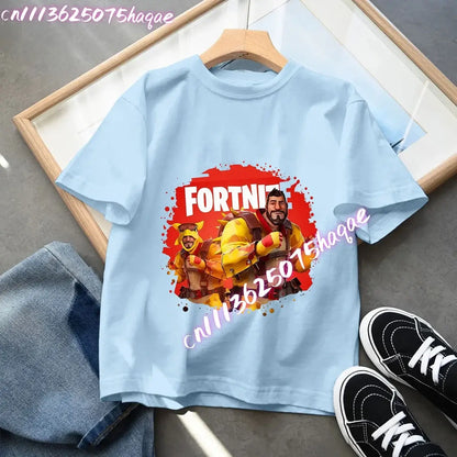 Fortnites Kids Blue Cotton T Shirt Fortress Night Baby Short Sleeve Tees Shirt Cartoon Boy Girl Summer Clothes Kawaii Tops Gift