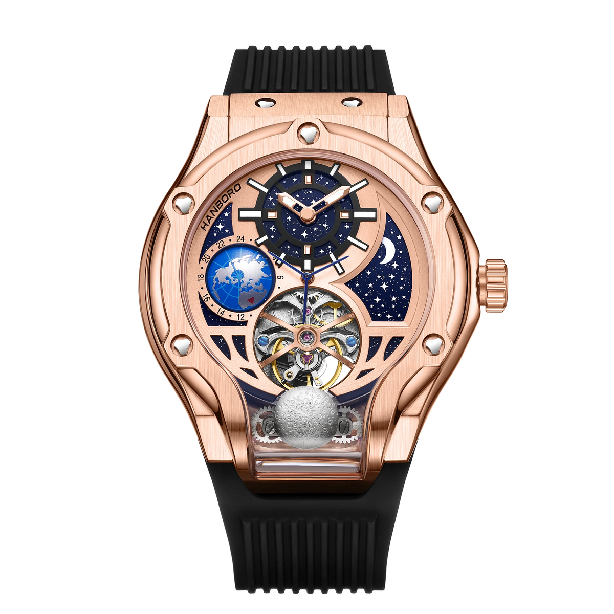 ase Autoy HANBORO Men’s Luxury Automatic Skeleton Watch  Rose Gold Starry Sky Moon Phase Mechanical WristwatchHollow Flywheel Moon Phxury Space Theme Sports Watch 980