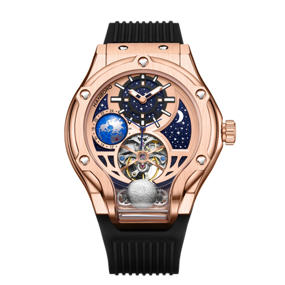 ase Autoy HANBORO Men’s Luxury Automatic Skeleton Watch  Rose Gold Starry Sky Moon Phase Mechanical WristwatchHollow Flywheel Moon Phxury Space Theme Sports Watch 980