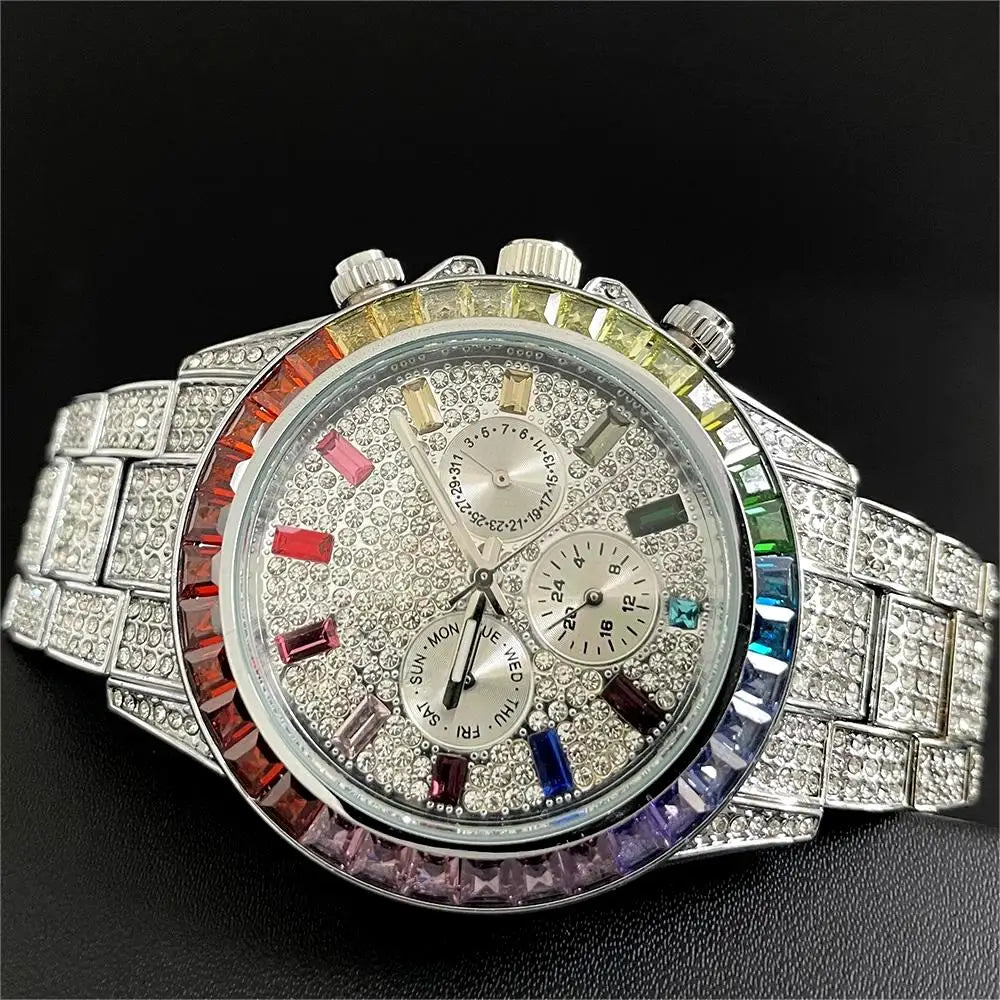 Hot Sell Luxury Green Iced Watch For Men Fashion Stainless steel Quartz Wristwatch Hip Hop Rainbow Diamond AAA Watches Man Reloj