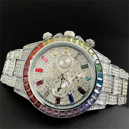 Hot Sell Luxury Green Iced Watch For Men Fashion Stainless steel Quartz Wristwatch Hip Hop Rainbow Diamond AAA Watches Man Reloj