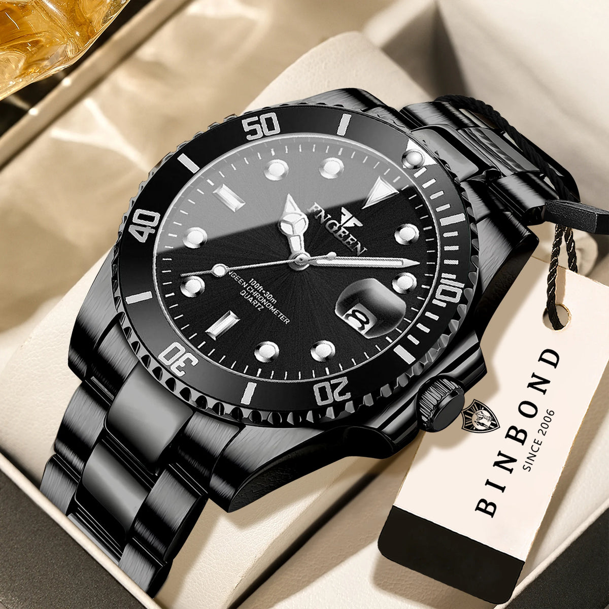 BINBOND FNGEEN Son Brand quartz wristwatch for men, with a stainless steel strap, luminous and water-resistant, luxury.