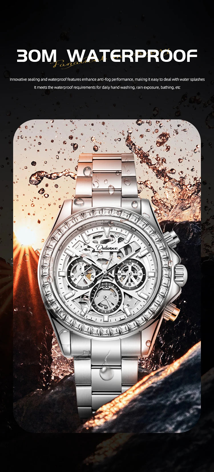 Diamond Bezel Stainless Steel Automatic Watch Fashion Mulitfunction Waterproof Luminous Mechanical Watches for Men