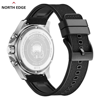 NORTH EDGE Men's Watches Solar Power 316 Stainless Steel Case Quartz Watch for Men Pilot Waterproof 50M Stopwatch
