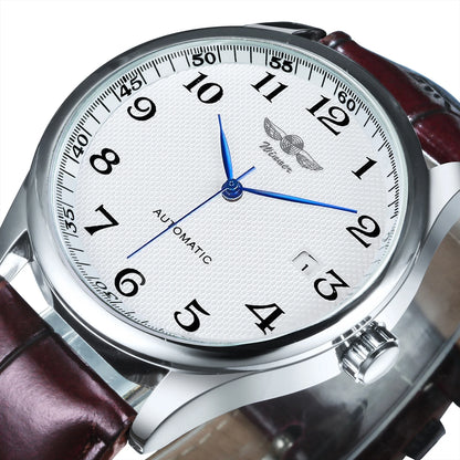 Relógio clássico para homem – Estilo retro com calendário e ponteiros azuis, movimento mecânico automático, marca de prestígio, caixa em aço e bracelete em pele