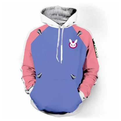 Anime stiliaus žaidimo džemperis su gobtuvu, 3D spauda, „Overwatches“ DVA DJ cosplay kostiumas, moterims, vyrams ir poroms, viršutinė striukė su gobtuvu